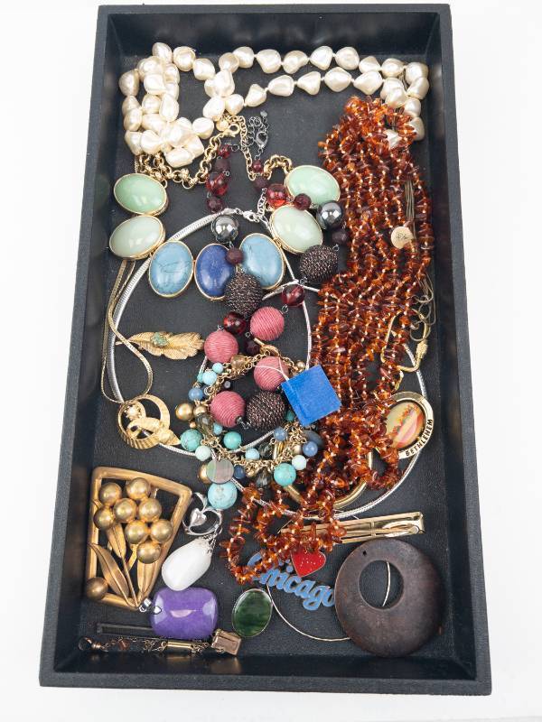 lot 111 image: Assorted Costume Jewelry Lot - Pearl, Turquoise Cabochon, Amber Beads & Charms