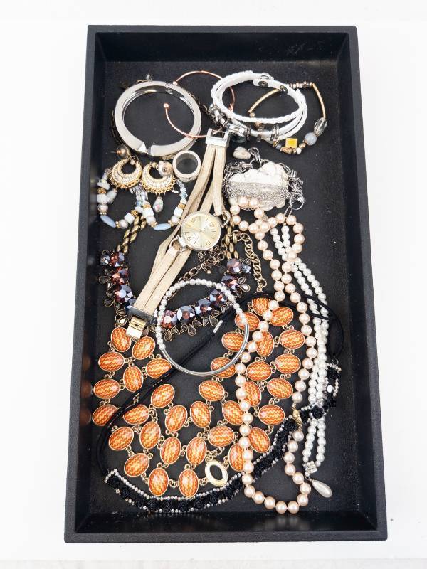 lot 116 image: Jewelry Lot - Orange Bead Necklace, Pearl Strands, Watch, Bracelets & Earrings