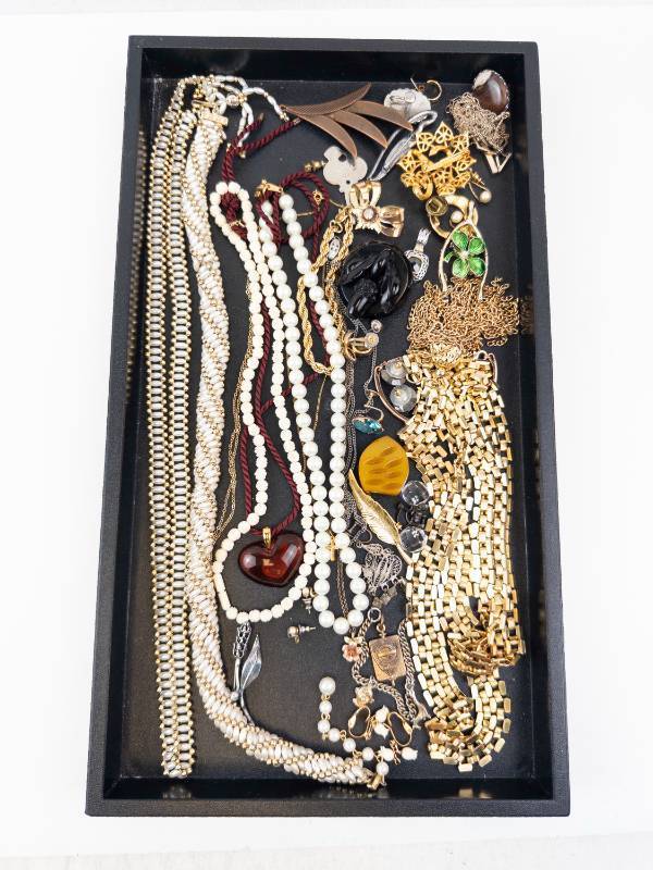 lot 126 image: Assorted Costume Jewelry Lot - Pearl Necklaces, Gold Chains & Charms