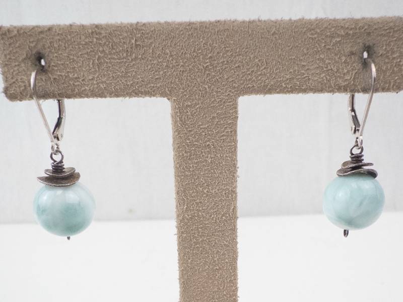 lot 141 image: Larimar Sterling Silver Earrings - Bead Drop Pair