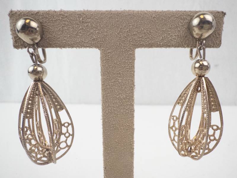 lot 154 image: Filigree Teardrop Earrings - Silver Tone, Ball Stud Top, Openwork Dangles