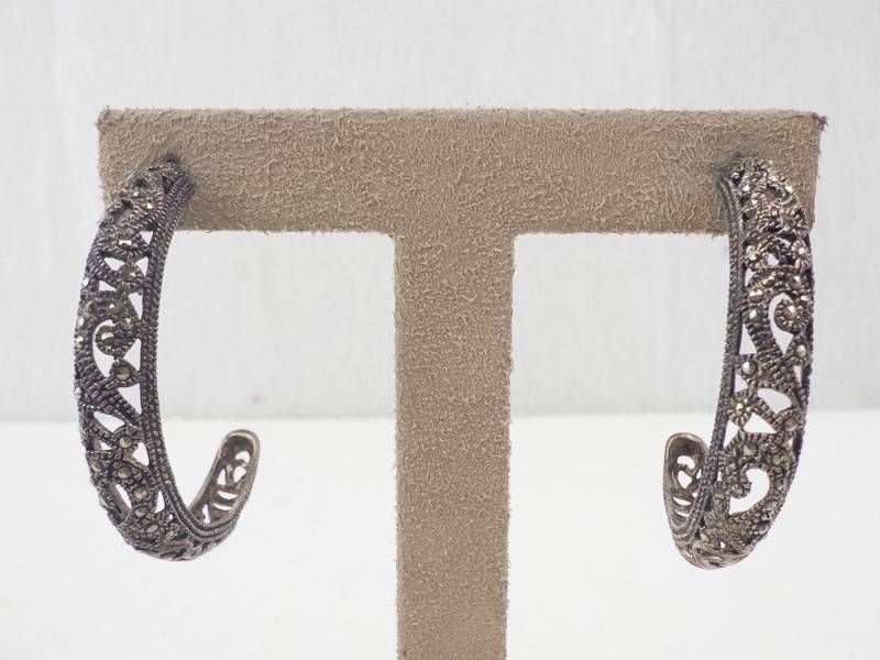 lot 155 image: Sterling Silver Marcasite Filigree Hoop Earrings - Pair