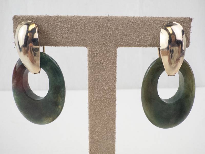 lot 156 image: Green Jade Disc Hoop Earrings - Pair, Gold-Tone Caps, Clip-On Backs