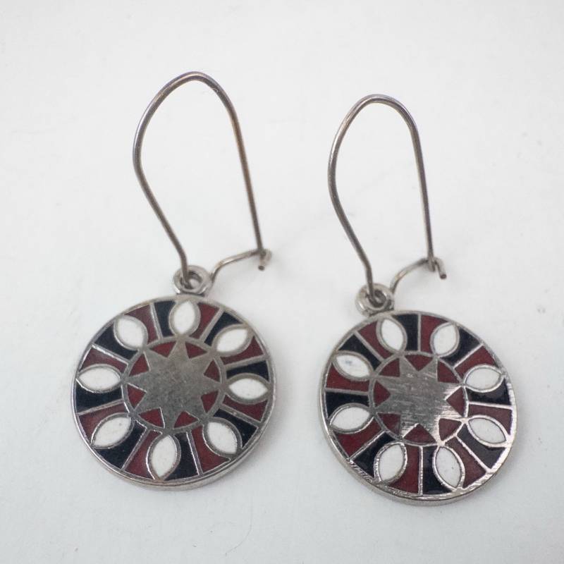 lot 159 image: Sterling Silver Enamel Drop Earrings - Circular Sunburst Motif