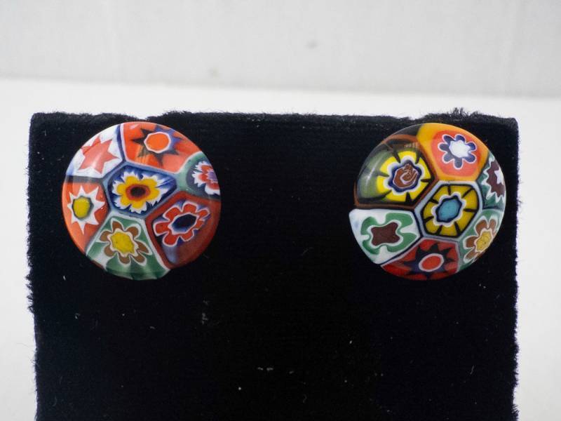lot 161 image: Millefiori Glass Round Stud Earrings - Colorful Floral Mosaic