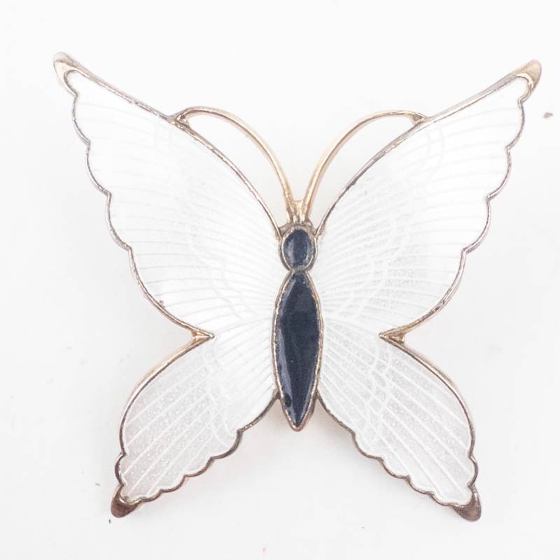lot 178 image: Butterfly Brooch Pin - White Enamel Wings, Gold-Tone Body