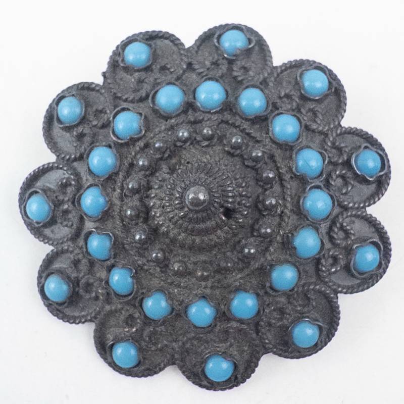 lot 192 image: Floral Brooch - 925 Sterling Silver with Turquoise Cabochons