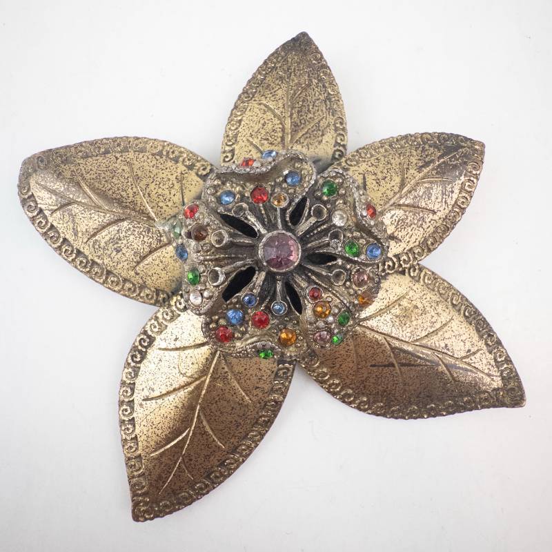 lot 193 image: Flower Brooch - Vintage Gold-Tone With Multicolor Rhinestones & Pink Center