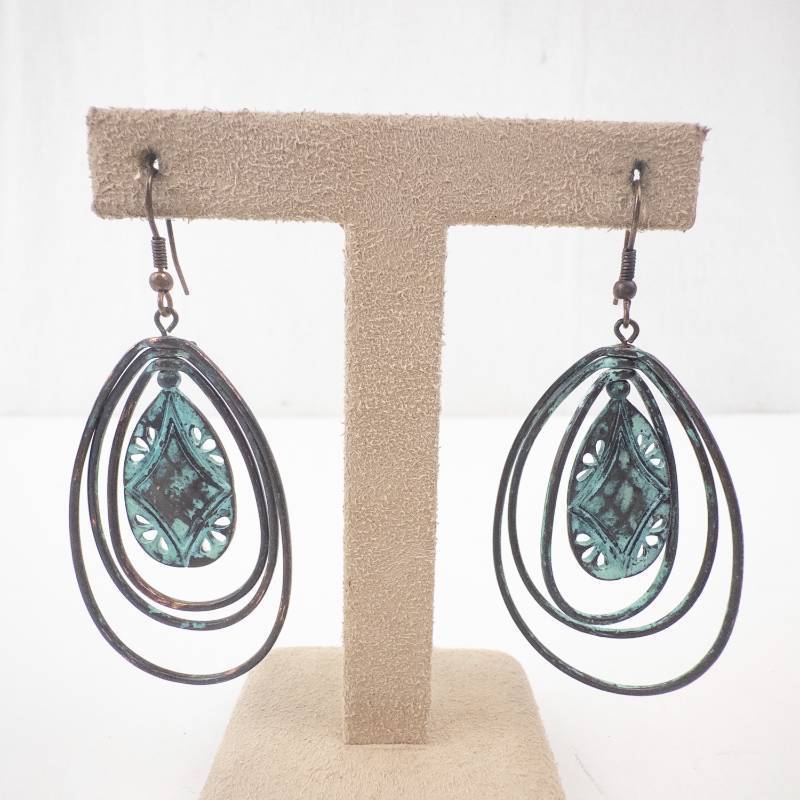lot 195 image: Turquoise Teardrop Dangle Earrings with Triple Oval Hoops