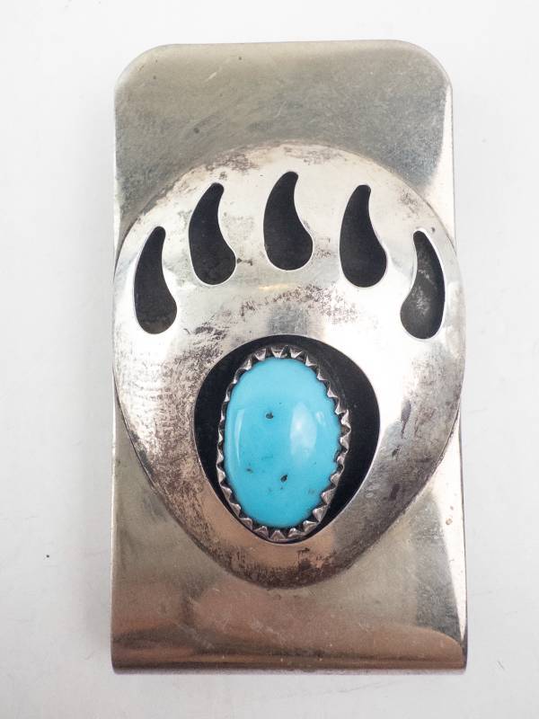 lot 197 image: Bear Paw Belt Buckle With Turquoise Cabochon & Heart Rhinestone Pendant Necklace - Silver Tone