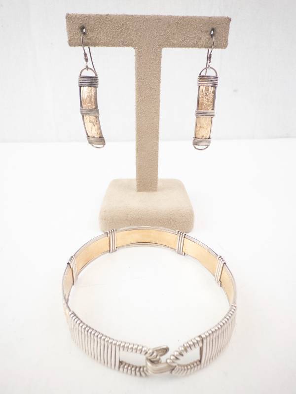 lot 201 image: Bracelet & Earrings Set - Silver-Tone Wire-Wrapped Copper Panels