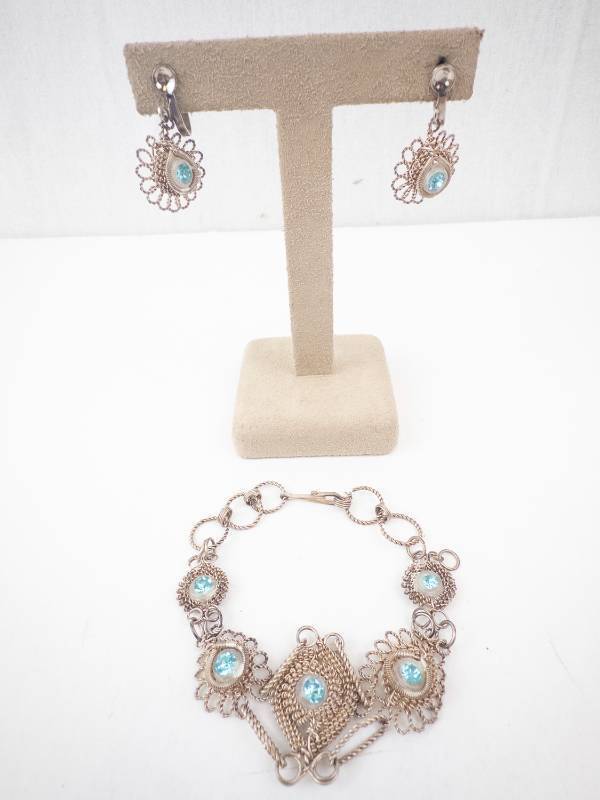 lot 206 image: Filigree Silver-Tone Jewelry Set with Blue Glass Stones - Earrings & Bracelet