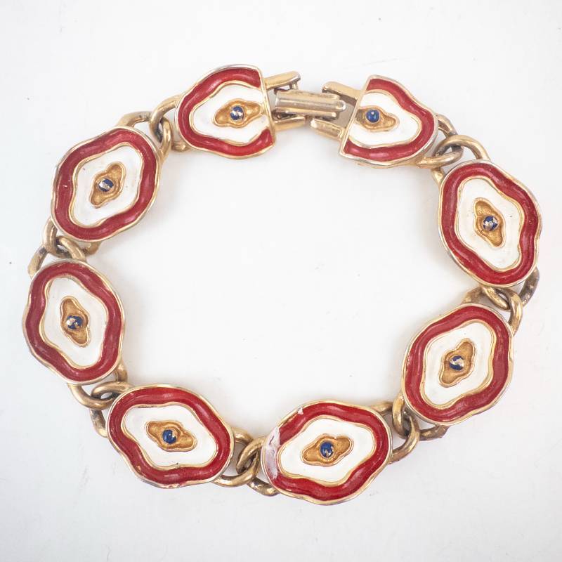 lot 209 image: Bracelet - Vintage Gold-Tone Enamel with RedWhite Oval Links, 8 Inches