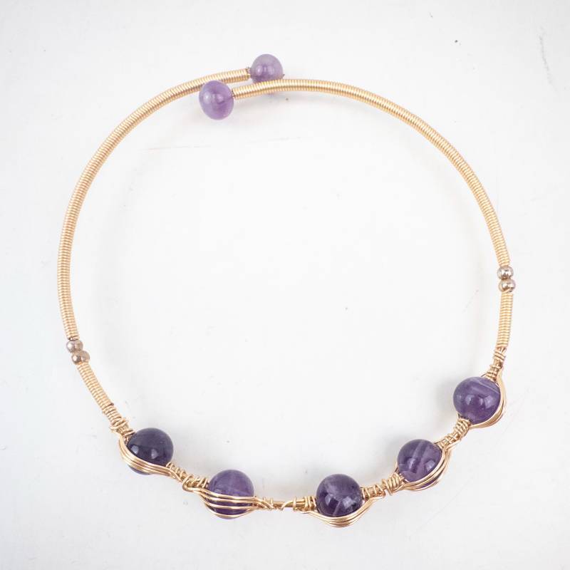lot 211 image: Bracelet - Purple Bead Wire-Wrapped with Gold-Tone Wire
