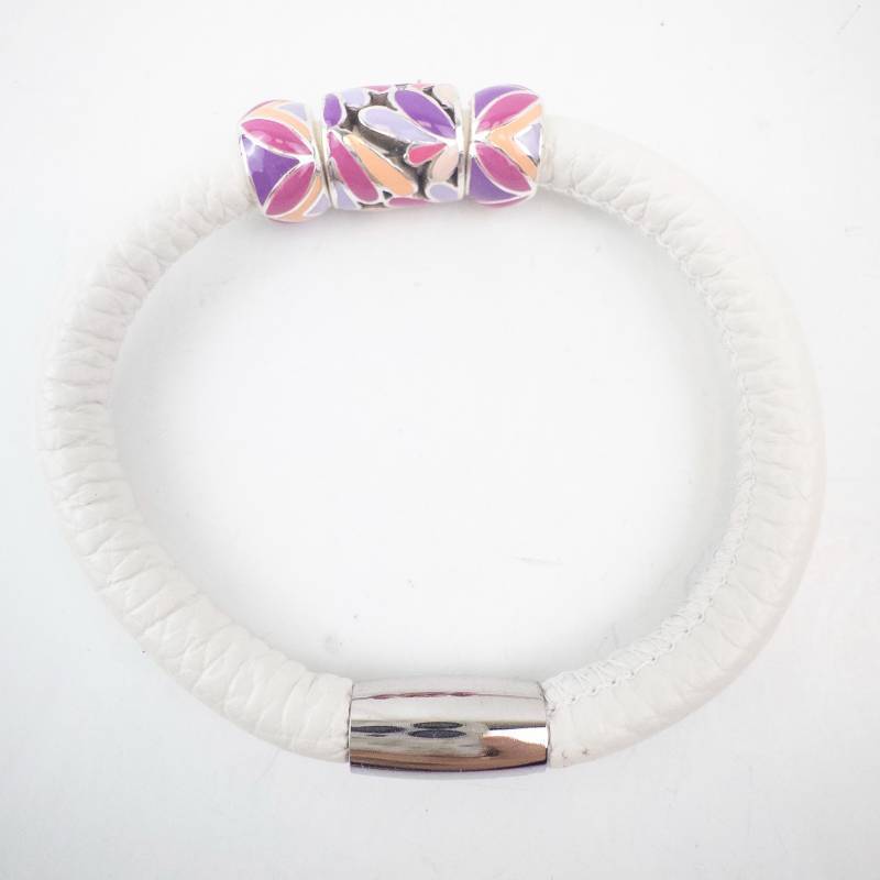 lot 218 image: Brighton Enamel Bead Bracelet - White Leather Band Floral Beads and Fabric Pouch