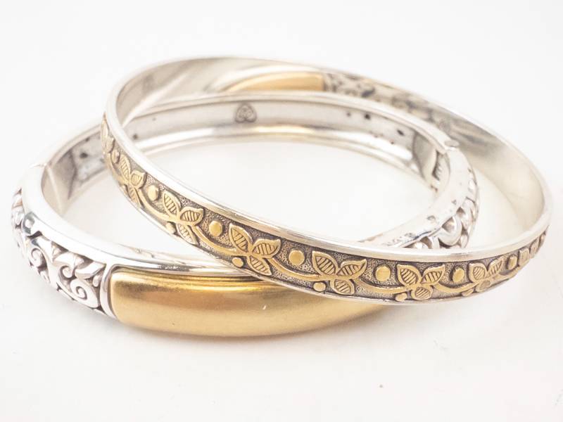lot 221 image: Brighton Two-Tone Leaf-Pattern Bangle Bracelet - Silver & Gold Tone