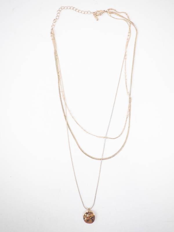 lot 227 image: Hammered Disc Pendant Necklace - Gold Tone with Layered Chains