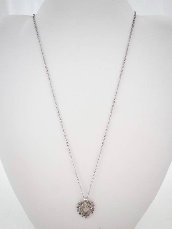 lot 228 image: Heart Pendant Necklace - Filigree Open-Center Heart on Silver-Tone Cable Chain