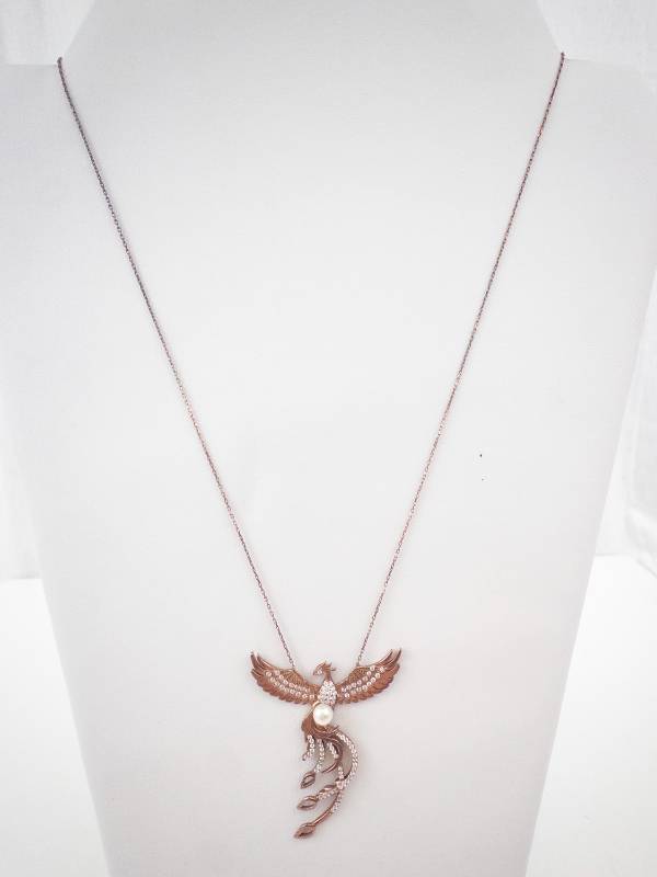 lot 229 image: Phoenix Bird Necklace - Rose Gold Tone with Crystals & Pearl Pendant
