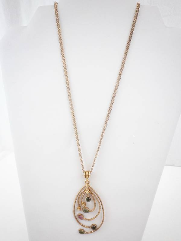 lot 230 image: Sterling Silver Teardrop Pendant Necklace with Gold-Tone Finish - Multi-Color Cabochons