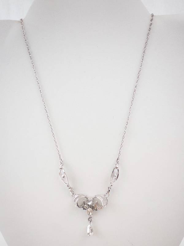 lot 232 image: Sterling Silver Necklace with Filigree Swirls and Teardrop Pendant - Vintage Style