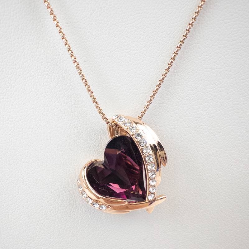 lot 235 image: Rose Gold Heart Pendant Necklace with Purple Gemstone & Crystal Accents