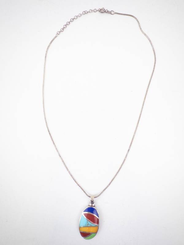 lot 237 image: Sterling Silver 925 Italy Multicolor Inlay Oval Pendant Necklace