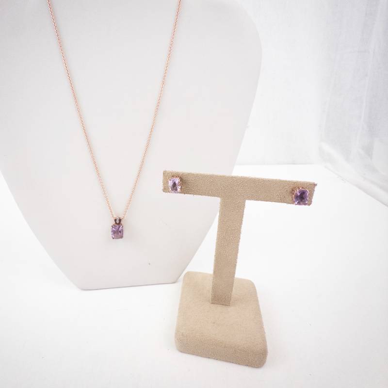 lot 239 image: Amethyst Pendant Necklace with Stud Earrings - Rose Gold Tone, 16-inch Chain