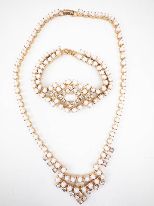 lot 244 image: Gold-Tone Necklace & Bracelet Set With White Stones And Clear Rhinestones