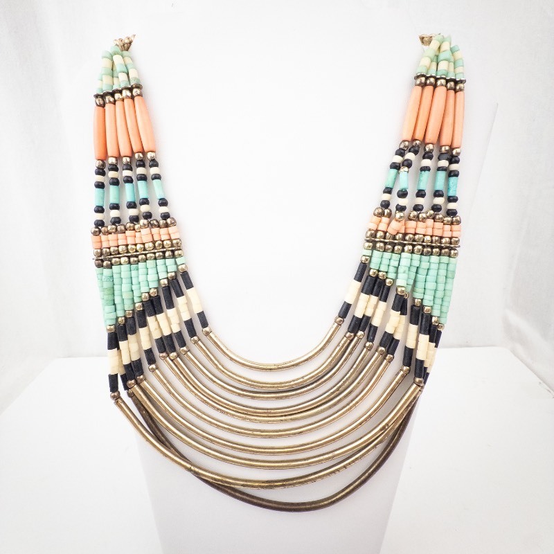 lot 250 image: Beaded Multi-Strand Necklace - Turquoise, Peach & Cream With Gold Arched Tubes