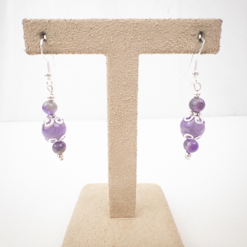 lot 256 image: Amethyst Drop Earrings - Sterling Silver Filigree Accents