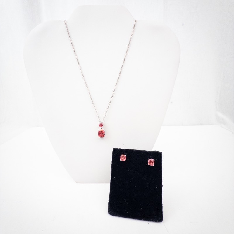 lot 257 image: Pink-Red Gem Pendant Necklace on 925 Sterling Silver Chain  Stud Earrings