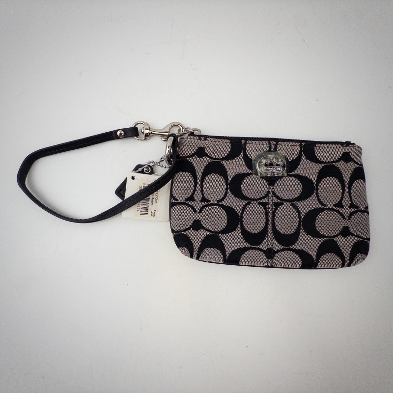 lot 4E image: Coach Signature Monogram Wristlet - BlackBeige Fabric, Teal Interior