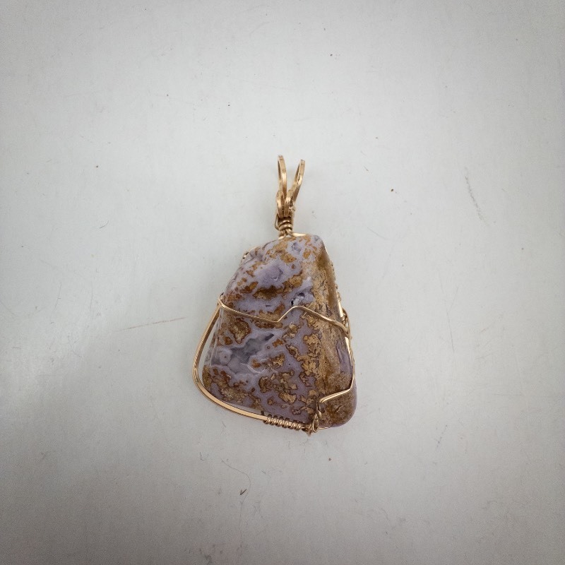 lot 55 image: Lavender Agate Wire-Wrapped Pendant - Gold-Tone Wire