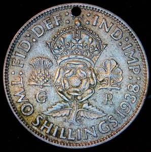 lot 38 image: 1938 Great Britain Silver 2 Shillings, .182 OzT ASW, holed