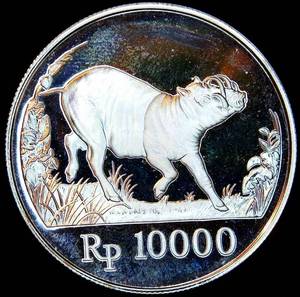 lot 47 image: Proof 1987 Indonesia Silver 10,000 Rupiah Babi Rusa, 10K Mintage, KM#45, .625 OzT, details