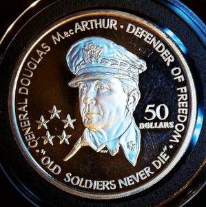 lot 63 image: Scarce 1989 Niue Proof Silver Douglas MacArthur $50, 1oz 999, KM# 23