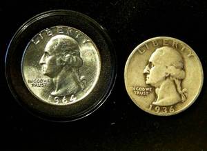 lot 65 image: Better Date 1936-D & Uncirculated 1964 Washington Quarters