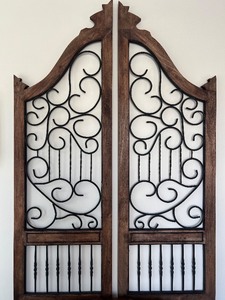 Double Wrought Iron Gates - Wood Frame Pair with Ornate Scrollwork & Classic Styling