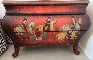 Chinoiserie Hand-Painted Red Chest - Bombay-Style Two-Drawer Dresser