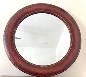 Round Leather-Wrapped Mirror with Gold Leaf Border and Crackled Frame