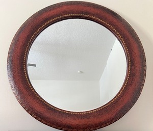 Round Leather-Wrapped Mirror with Gold Leaf Border and Crackled Frame