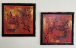 lot 9 image: Pair of Framed Abstract Wall Art Prints - Branches on Red & Orange Background