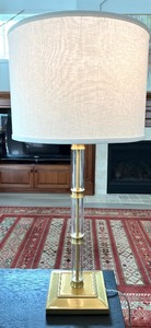 lot 12 image: Brass Table Lamp & Glass Column - Cream Linen Shade