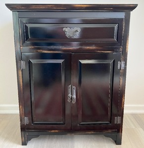lot 17 image: Accent Cabinet - Black Painted Wood, Top Drawer, Double Doors, Ornate Hardware