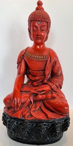 lot 26 image: MARWAL Red Buddha Statue on Black Carved Base - Seated Meditative Figure, Made in China