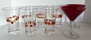 lot 31 image: 8-Piece Glassware Set - 6 Pier 1 Mosaic Tumblers & 2 Red Martini Glasses