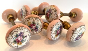 lot 38 image: Antique Pink Floral Ceramic Door Knobs - Reclaimed from 510 Groveland (Lot of 6)