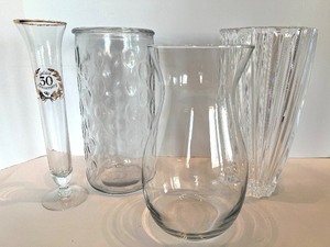 lot 39 image: Clear Glass Vase Set - 4-Piece Bubble Vase, Ribbed Tall Vase, Hurricane Vase, 50th Stem Vase