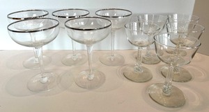 lot 40 image: Dorothy Thorpe Champagne Coupes (5) & Libbey Rock Sharpe Liquor Glasses (5) Crystal Stemware